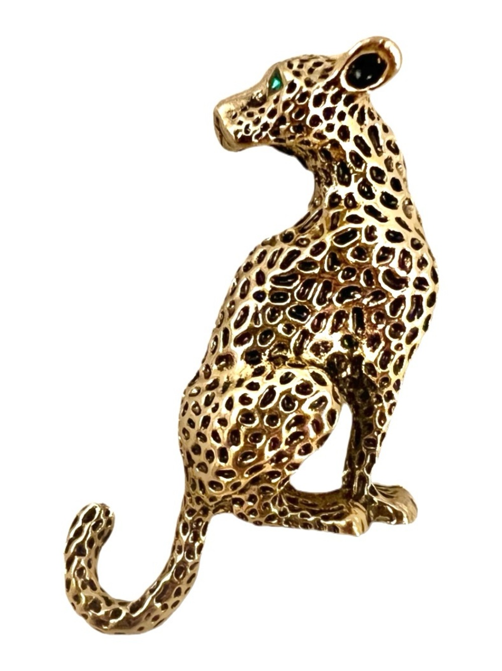🧷🐆Vintage Cheetah Cat Brooch - Gold Tone Metal with Green Crystal Eyes